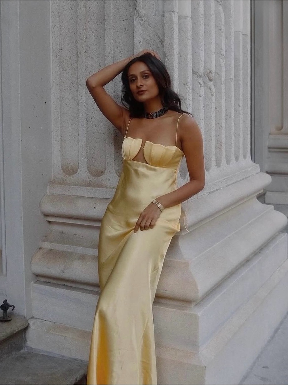 Anna October Satin Midi Dress in Pale Yellow